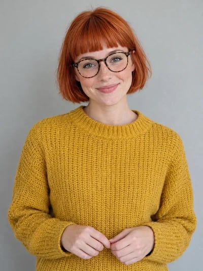 The portrait used for the test: a woman with a red bob and glasses in a yellow sweater against a grey wall
